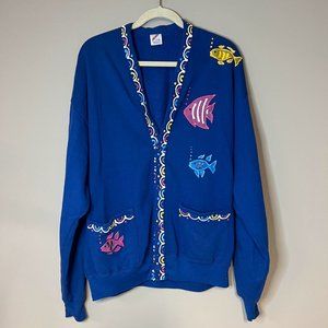 Vintage 90s Puffy Paint Glitter Tropical Fish Cardigan Sweatshirt